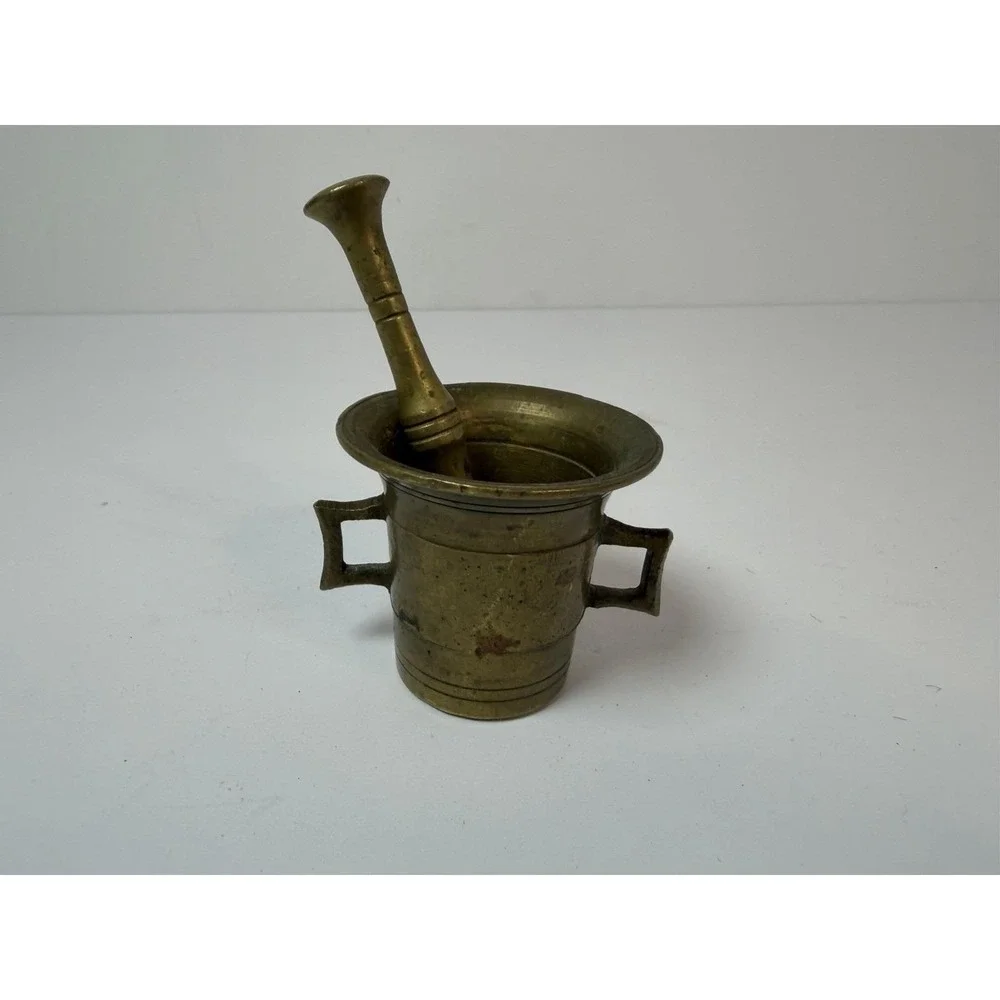 Brass Mortar & Pestle Small Handled Pharmacy Apothecary Vintage Decor‎